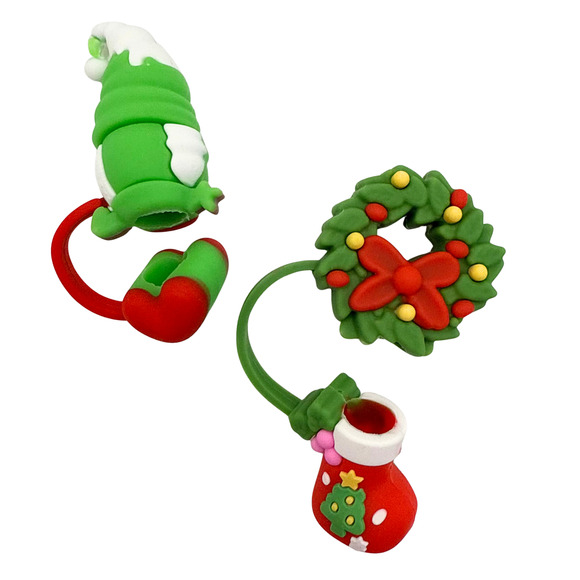 Gnome Christmas Wreath 3D Straw Topper Covers Bundle Holiday Stocking Stuffers - Picture 3 of 3